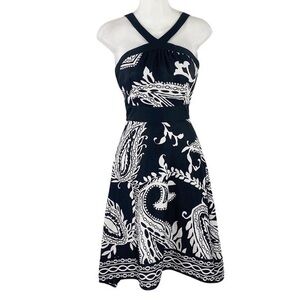 White House Black Market black white paisley chain print halter flare dress 2